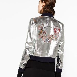 Silver Foil Bomber Jacket w/ Floral Embroidery